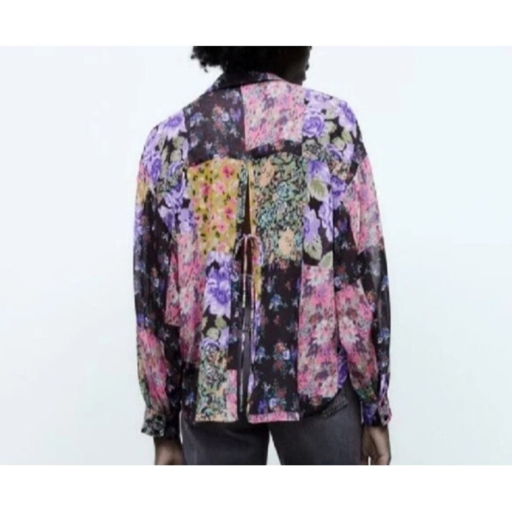 Zara Floral Print The Amelie Shirt‎ Small Patchwork Sheer Flowy Cottage Boho - Picture 4 of 11
